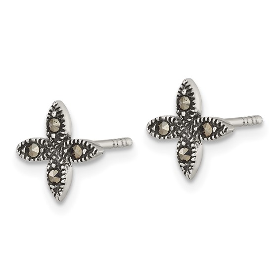 Sterling Silver Antiqued Marcasite Fancy Flower Post Earrings