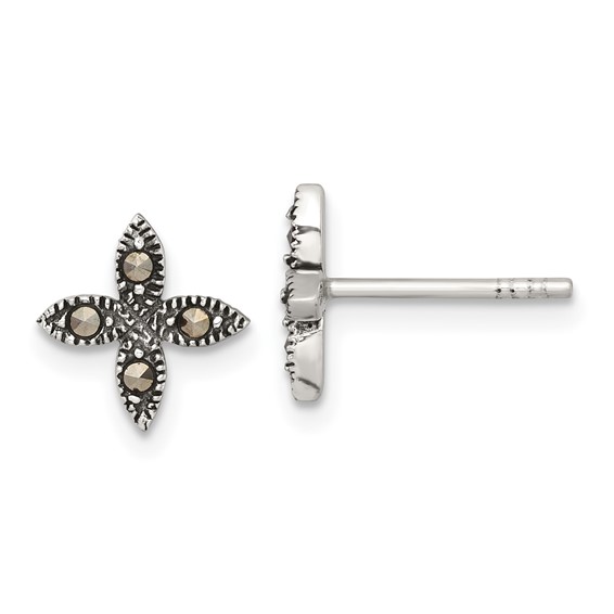 Sterling Silver Antiqued Marcasite Fancy Flower Post Earrings