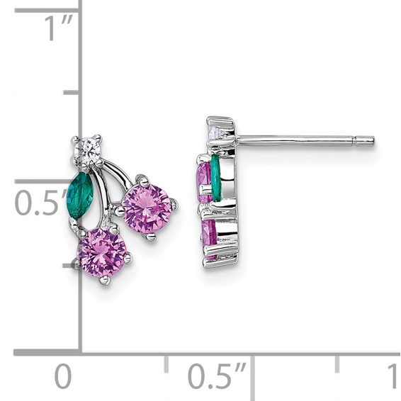 Sterling Silver Rhodium-plated CZ and Lab Created Corundum and Green Glass Cherry Post Earrings