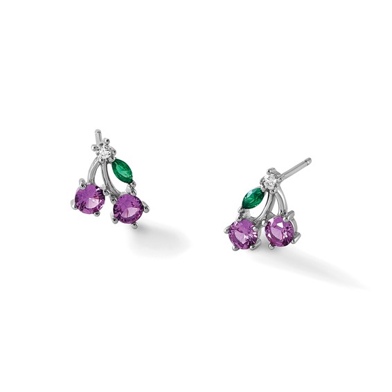 Sterling Silver Rhodium-plated CZ and Lab Created Corundum and Green Glass Cherry Post Earrings
