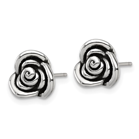 Sterling Silver Polished and Antiqued Rose Post Earrings