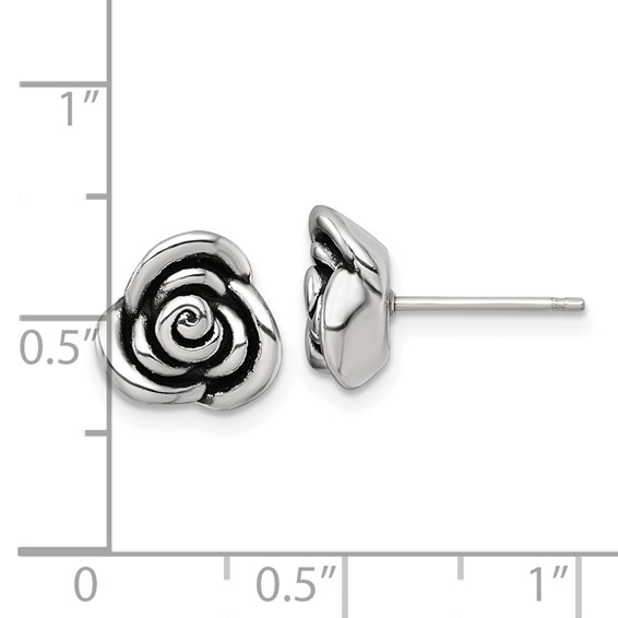 Sterling Silver Polished and Antiqued Rose Post Earrings