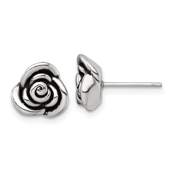 Sterling Silver Polished and Antiqued Rose Post Earrings