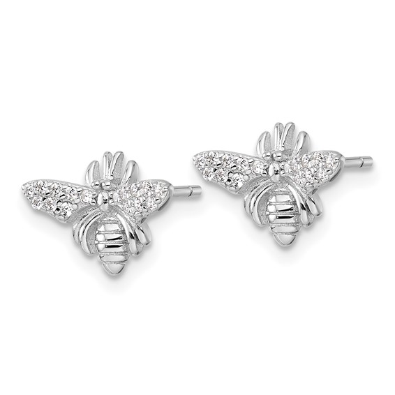 Sterling Silver Rhodium-plated Polished CZ Bee Post Earrings