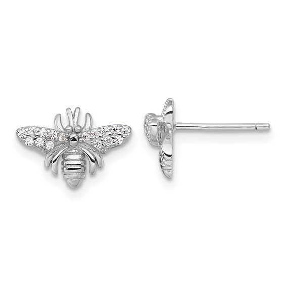 Sterling Silver Rhodium-plated Polished CZ Bee Post Earrings