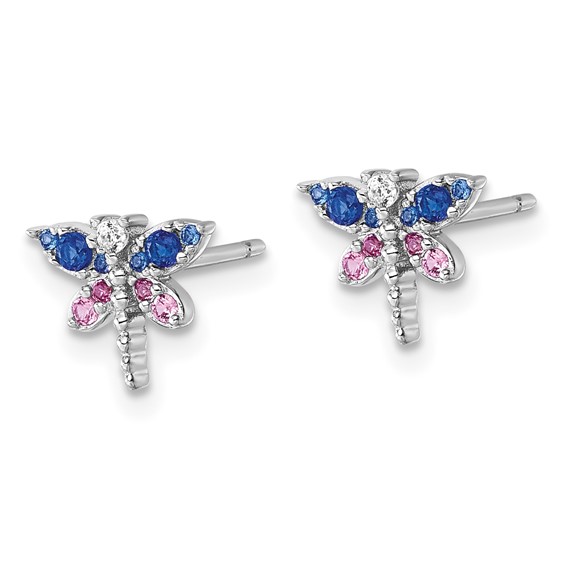 Sterling Silver Rhodium-plated CZ and Lab Created Corundum and Blue Glass Dragonfly Post Earrings