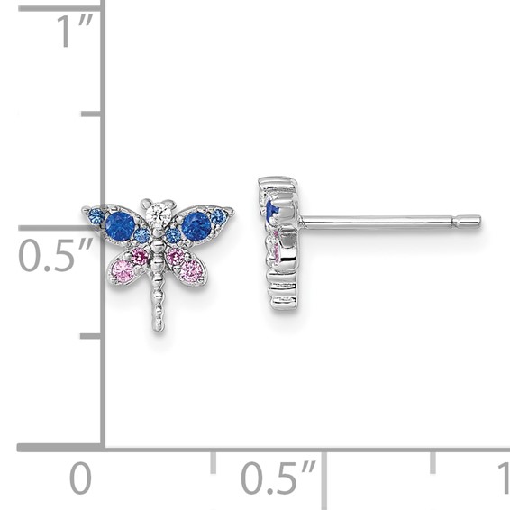 Sterling Silver Rhodium-plated CZ and Lab Created Corundum and Blue Glass Dragonfly Post Earrings