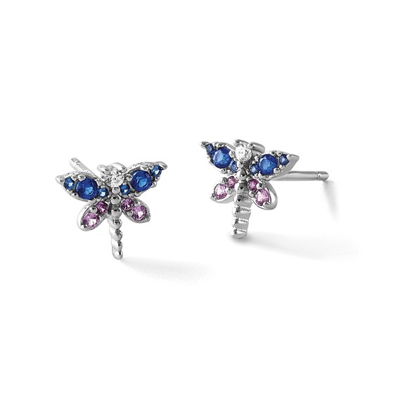 Sterling Silver Rhodium-plated CZ and Lab Created Corundum and Blue Glass Dragonfly Post Earrings