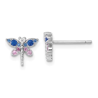 Sterling Silver Rhodium-plated CZ and Lab Created Corundum and Blue Glass Dragonfly Post Earrings