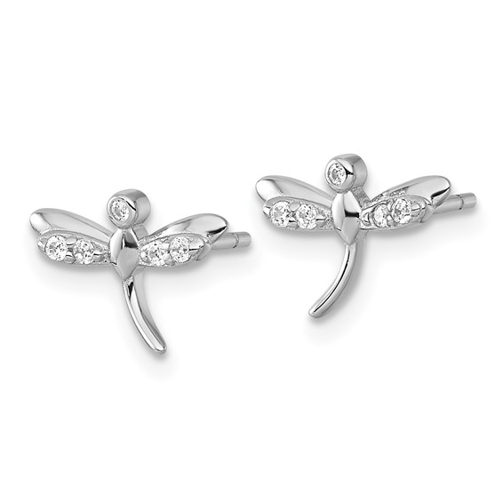 Sterling Silver Rhodium-plated Polished CZ Dragonfly Post Earrings