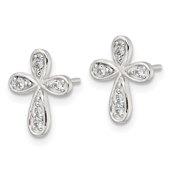 Sterling Silver Polished CZ Cross Post Earrings