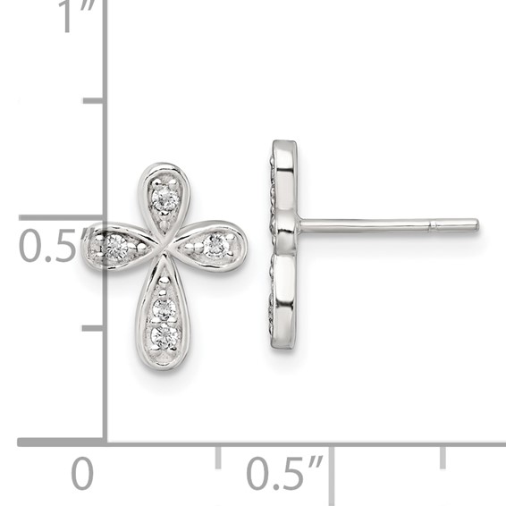 Sterling Silver Polished CZ Cross Post Earrings