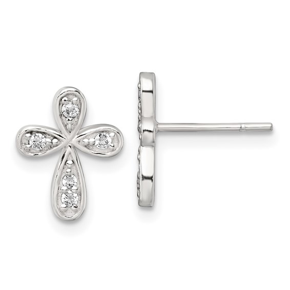 Sterling Silver Polished CZ Cross Post Earrings