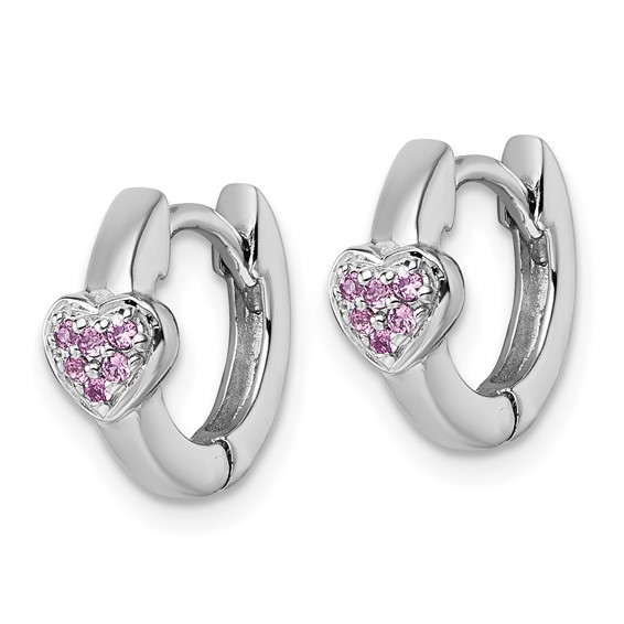 Sterling Silver Rhodium-plated Polished Pink CZ Heart 2mm x 11mm Hinged Hoop Earrings
