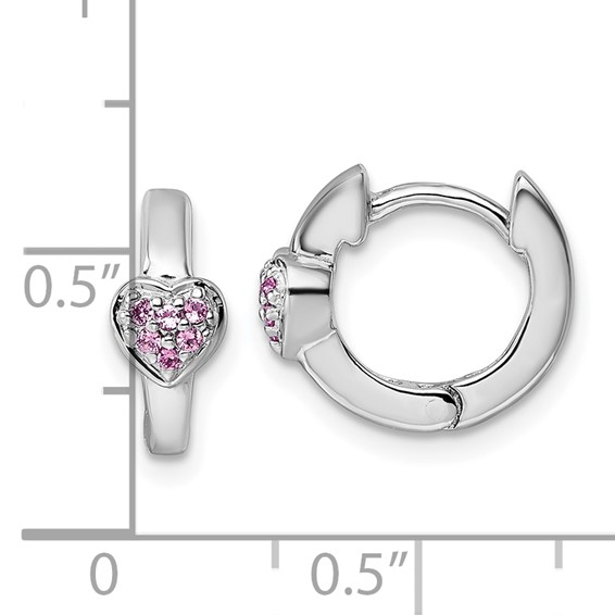 Sterling Silver Rhodium-plated Polished Pink CZ Heart 2mm x 11mm Hinged Hoop Earrings