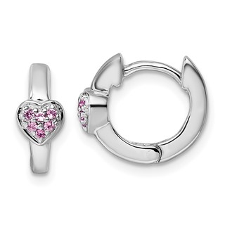 Sterling Silver Rhodium-plated Polished Pink CZ Heart 2mm x 11mm Hinged Hoop Earrings