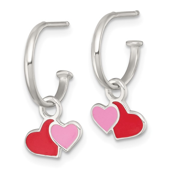 Sterling Silver Polished Red and Pink Enameled Hearts Dangle Childrens C-Hoop Post Earrings