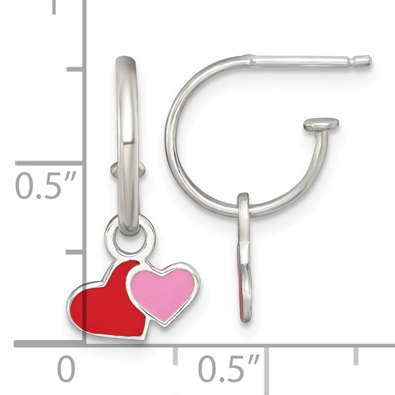 Sterling Silver Polished Red and Pink Enameled Hearts Dangle Childrens C-Hoop Post Earrings
