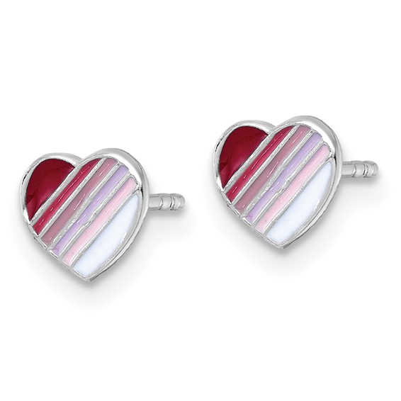 Sterling Silver Madi K Rhodium-plated Enameled Striped Heart Childrens Post Earrings