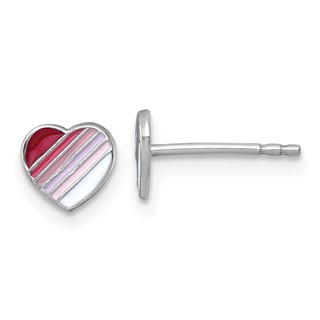 Sterling Silver Madi K Rhodium-plated Enameled Striped Heart Childrens Post Earrings