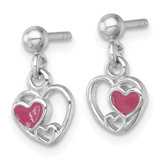 Sterling Silver Rhodium-plated Polished with Pink Enamel Triple Heart Post Dangle Earrings