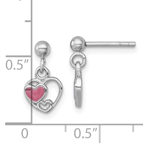 Sterling Silver Rhodium-plated Polished with Pink Enamel Triple Heart Post Dangle Earrings