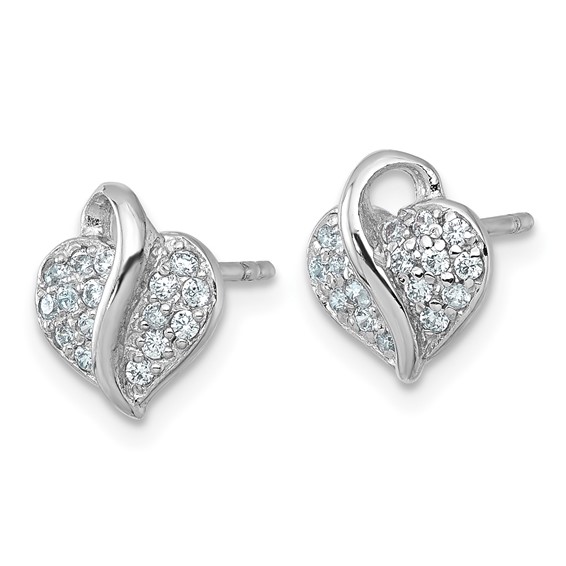 Sterling Silver Rhodium-plated Polished Pave CZ Heart Childrens Post Earrings