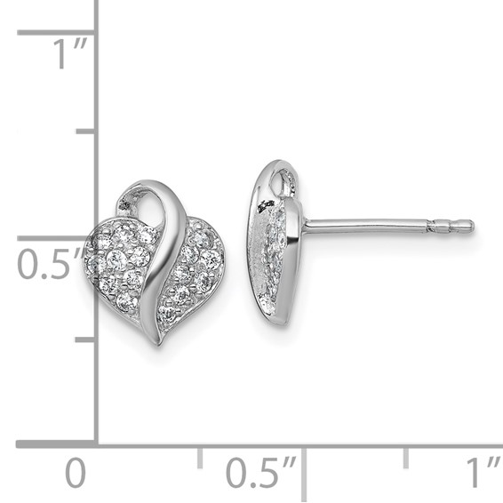 Sterling Silver Rhodium-plated Polished Pave CZ Heart Childrens Post Earrings