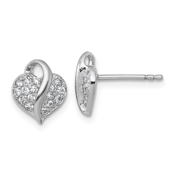 Sterling Silver Rhodium-plated Polished Pave CZ Heart Childrens Post Earrings
