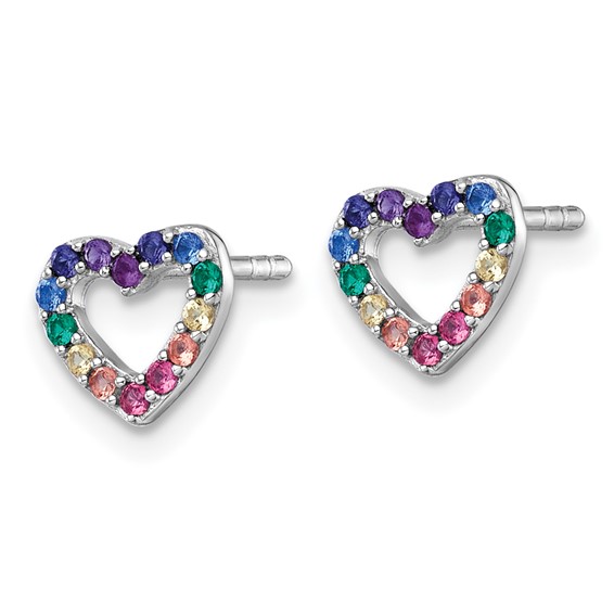 Sterling Silver Rhodium-plated Polished Rainbow Nano Crystals Open Heart Shape Childrens Post Earrings
