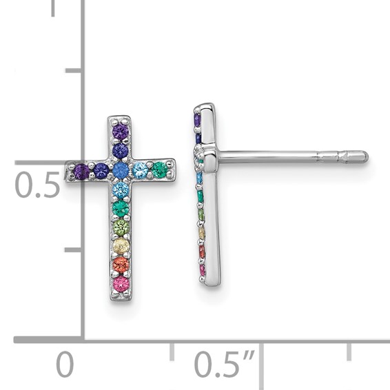 Sterling Silver Rhodium-plated Polished Rainbow Nano Crystals Childrens Cross Post Earrings