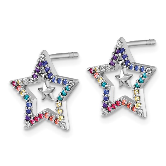 Sterling Silver Rhodium-plated Polished Rainbow Nano Crystals Star with Mini Star Dangle Childrens Post Earrings