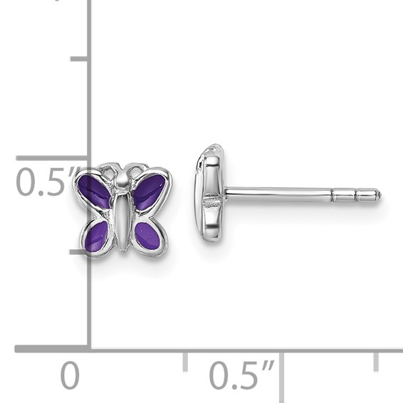 Sterling Silver Rhodium-plated Children's Purple Enamel Butterfly Post Earrings