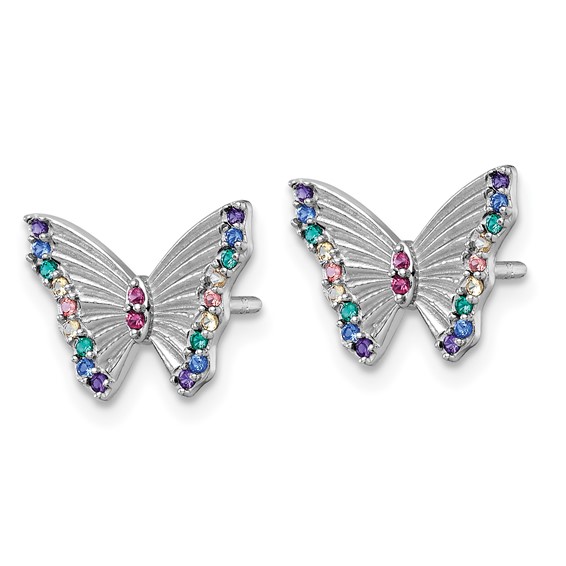 Sterling Silver Rhodium-plated Polished Rainbow Nano Crystals Butterfly Childrens Post Earrings