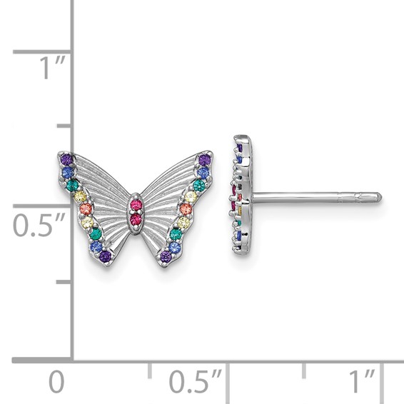 Sterling Silver Rhodium-plated Polished Rainbow Nano Crystals Butterfly Childrens Post Earrings