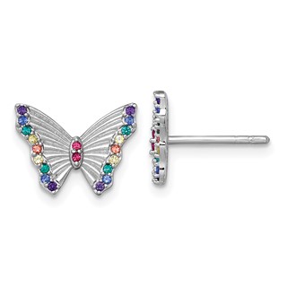 Sterling Silver Rhodium-plated Polished Rainbow Nano Crystals Butterfly Childrens Post Earrings
