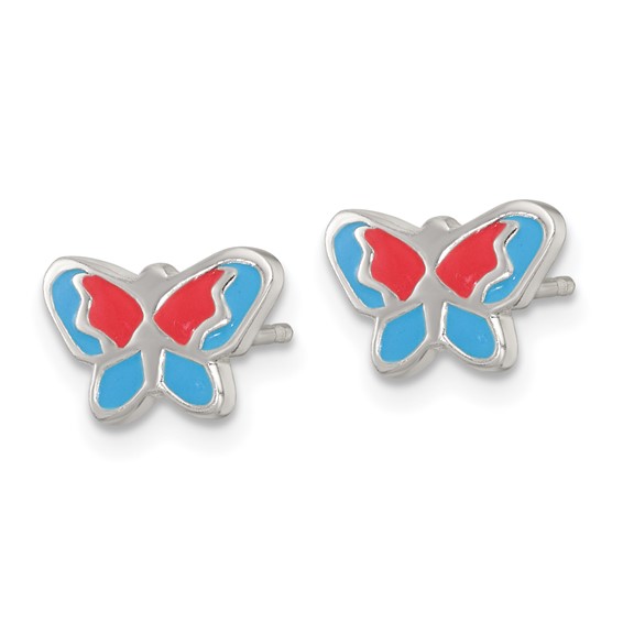 Sterling Silver Polished Orange and Blue Enameled Butterfly Childrens Post Earrings
