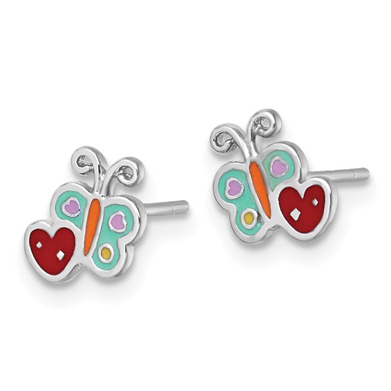Sterling Silver Rhodium-plated Polished Green/Yellow/Orange/Red Enamel Butterfly And Heart Childrens Post Earrings