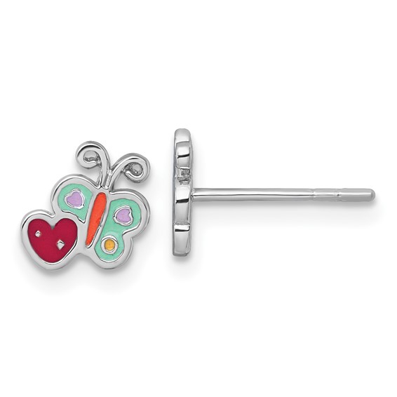 Sterling Silver Rhodium-plated Polished Green/Yellow/Orange/Red Enamel Butterfly And Heart Childrens Post Earrings