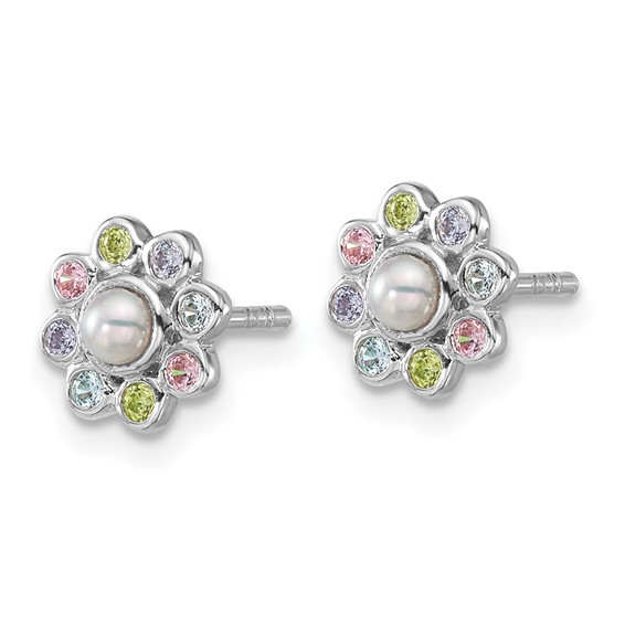 "Sterling Silver Rhodium-plated Polished Green, Pink, Blue and Purple CZ and Freshwater Cultured Pearl Flower Post Earrings"