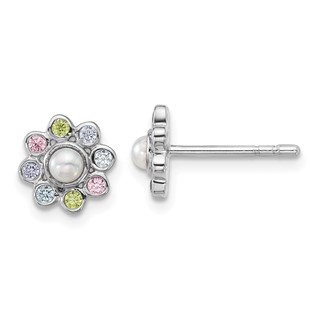 "Sterling Silver Rhodium-plated Polished Green, Pink, Blue and Purple CZ and Freshwater Cultured Pearl Flower Post Earrings"