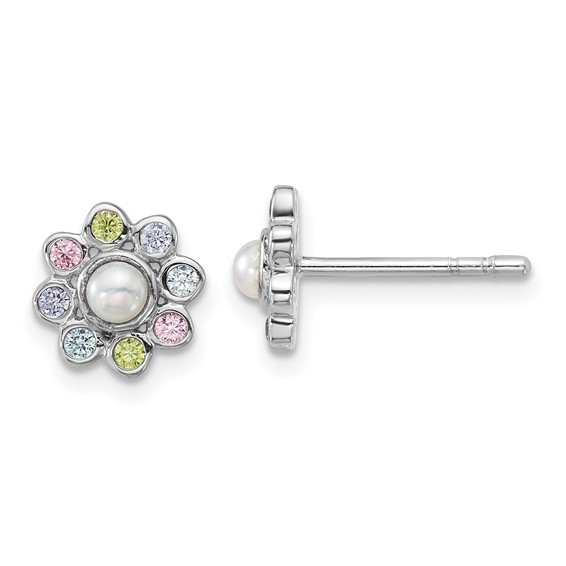 "Sterling Silver Rhodium-plated Polished Green, Pink, Blue and Purple CZ and Freshwater Cultured Pearl Flower Post Earrings"