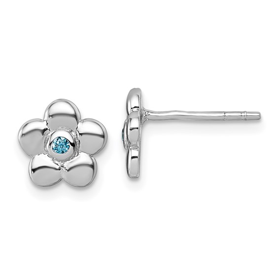 Sterling Silver Rhodium-plated Polished Blue CZ Flower Post Earrings
