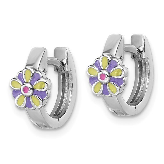 "Sterling Silver Rhodium-plated Children's Purple, Yellow and Pink Enamel Flower Hinged Hoop Earrings"