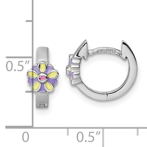 "Sterling Silver Rhodium-plated Children's Purple, Yellow and Pink Enamel Flower Hinged Hoop Earrings"
