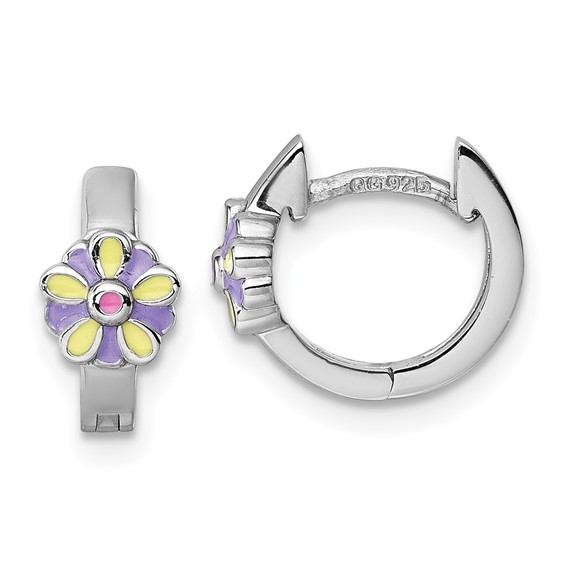 "Sterling Silver Rhodium-plated Children's Purple, Yellow and Pink Enamel Flower Hinged Hoop Earrings"