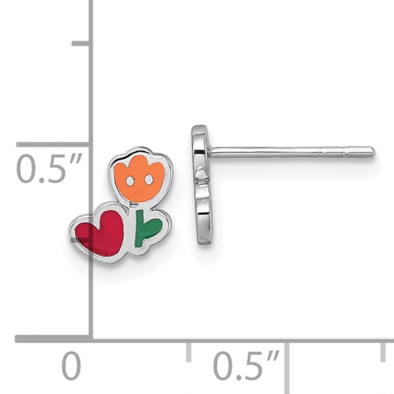Sterling Silver Rhodium-plated Polished Orange/Red/Green Enamel Flower With Heart Childrens Post Earrings