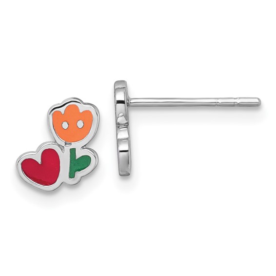 Sterling Silver Rhodium-plated Polished Orange/Red/Green Enamel Flower With Heart Childrens Post Earrings