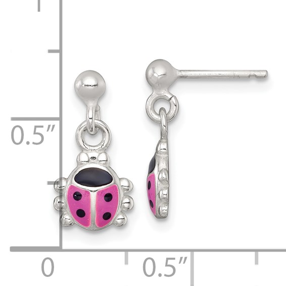 Sterling Silver Polished Pink and Black Enameled Ladybug Dangle Childrens Post Earrings