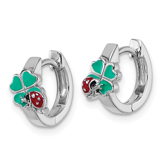 "Sterling Silver Rhodium-plated Children's Green, Red and Black Enamel Ladybug 4-Leaf Clover Hinged Hoop Earrings"